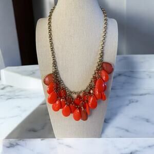 Stunning Orange Red Gold Tear Drop Acrylic Gem Beaded Statement Necklace
